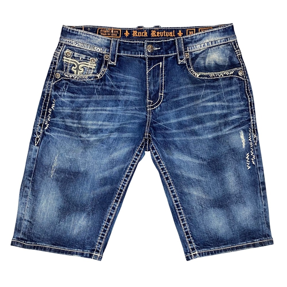 Rock Revival Stanley H9 Distressed Thick Stitch Denim Shorts Mens 38 Blue